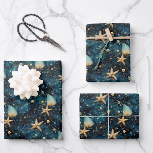 Ocean Starfish Pattern Wrapping Paper Set of 3