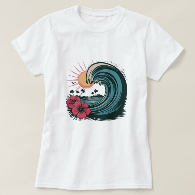 Ocean Summer Beach Island Waves red hibiscus T-Shirt (Design Front)