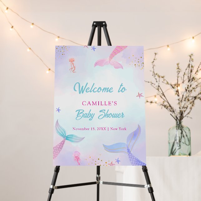 Ocean Summer Mermaid Tail Baby Shower Welcome Sign (In Situ (Stand))