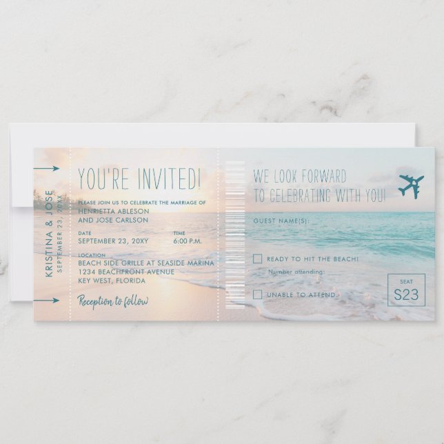 Ocean Sun Beach Wedding Ticket Invite with RSVP (Front)