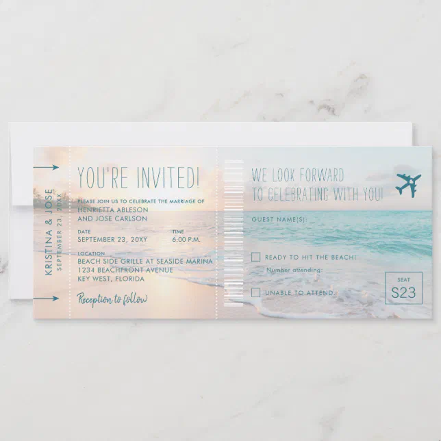 Ocean Sun Beach Wedding Ticket Invite with RSVP | Zazzle