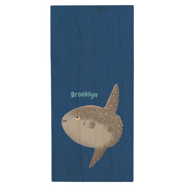 Ocean sunfish mola mola cute cartoon wood flash drive (Front Vertical)