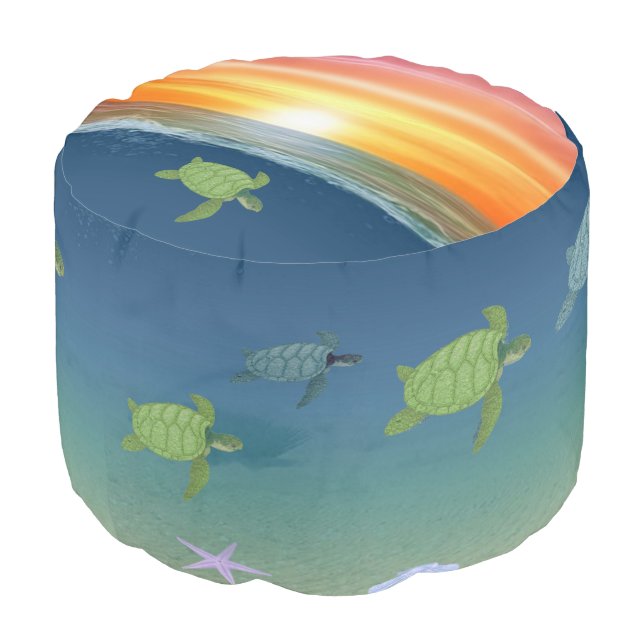 Ocean Sunrise  and Sea Turtles Pouf (Angled Front)