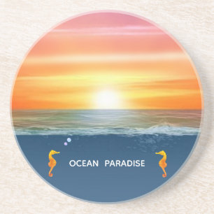 Ocean sunrise and Seahorses Party Favor Coaster