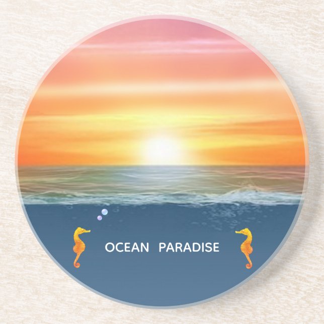 Ocean sunrise and Seahorses Party Favor Coaster (Front)