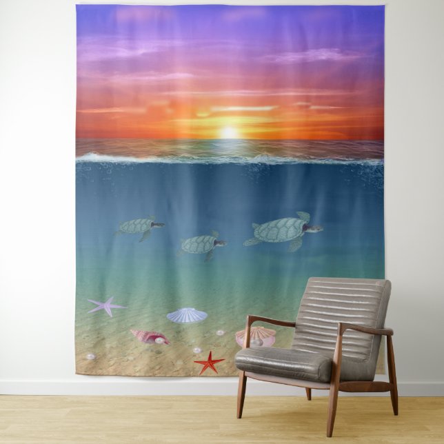 Ocean Sunrise and Swimming Sea Turtles Tapestry (In Situ)