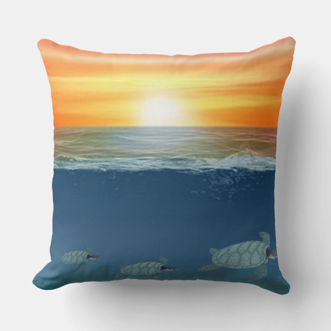 Ocean sunrise and swimming turtles throw pillow (Front)