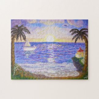 Ocean sunrise, coast landscape, yacht & palms art