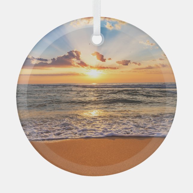 Ocean sunrise, deep blue horizon. glass ornament (Front)
