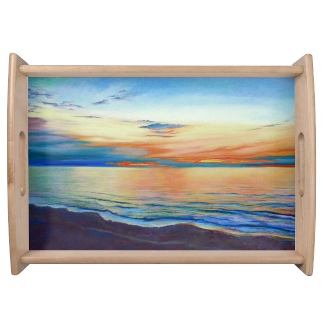 Ocean sunrise painting by Mandy Roeing Serving Tray (Front)