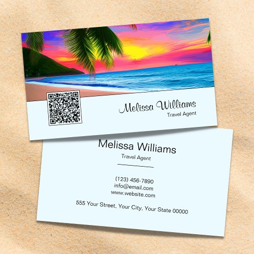 Ocean Sunrise QR Code Tropical Travel Blue Business Card