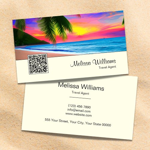 Ocean Sunrise QR Code Tropical Travel Yellow Business Card