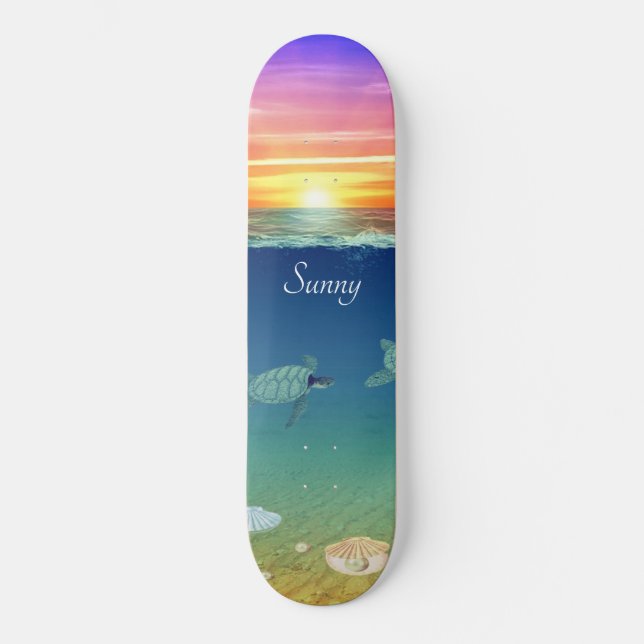 Ocean sunrise, sea turtle and shells skateboard (Front)