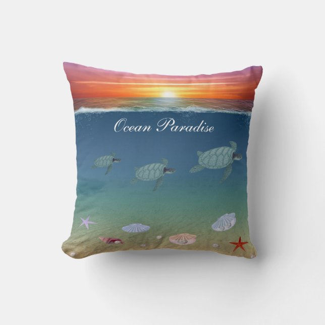 Ocean sunrise, sea turtles and shells throw pillow (Front)