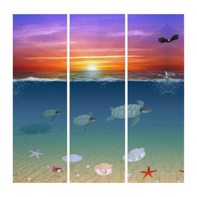 Ocean sunrise, sea turtles, pearls and birds triptych (Front)