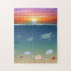Ocean Sunrise, sea turtles, stars, shells & pearls Jigsaw Puzzle