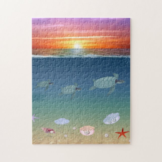 Ocean Sunrise, sea turtles, stars, shells & pearls Jigsaw Puzzle (Vertical)