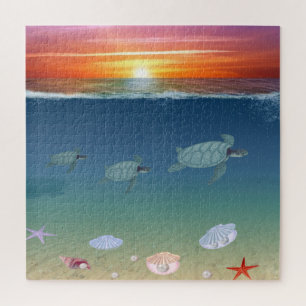 Ocean Sunrise, sea turtles, stars, shells & pearls Jigsaw Puzzle