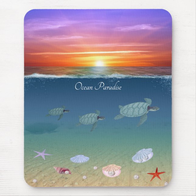 Ocean sunrise, swimming sea turtles and shells mouse pad (Front)