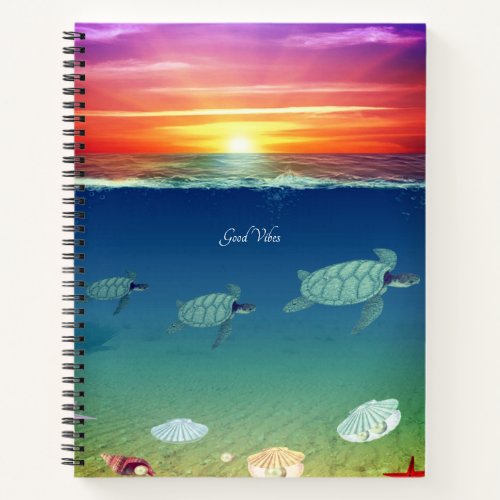 Ocean sunrise swimming sea turtles  shells notebook