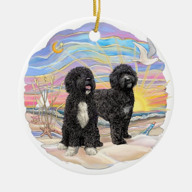 Ocean Sunrise - Two Portuguese Water Dogs Ceramic Ornament (Front)