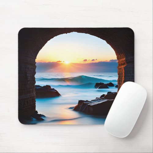 Ocean Sunrise with Brick Tunnel Mouse Pad