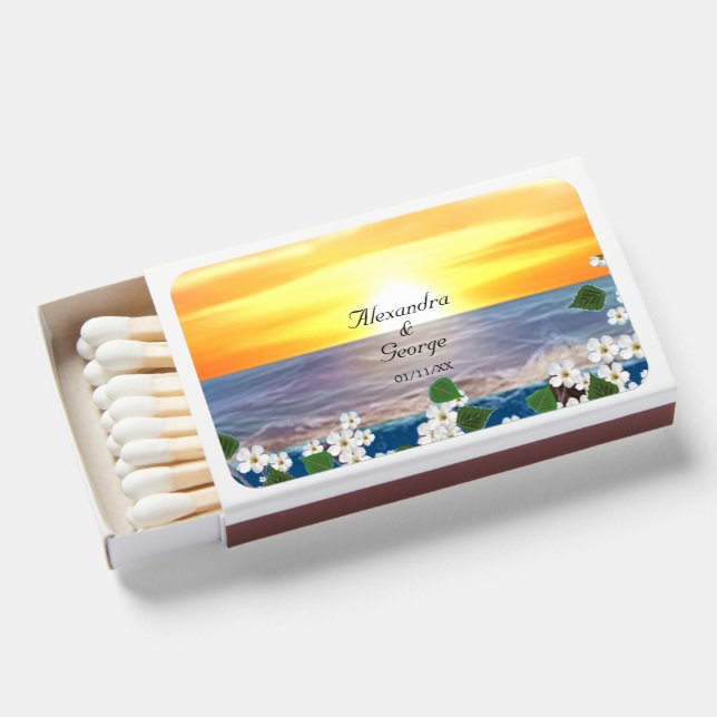 Ocean Sunrise with Flowers Wedding Favor Matchboxes (Front Open)
