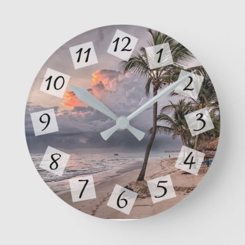 Ocean Sunset and Palm Trees Seaside Beach House Round Clock