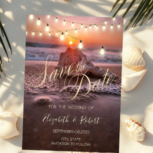 Ocean Sunset Beach Seashell,Light  Save The Date