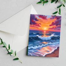 Ocean Sunset Beach Waves Watercolor Card