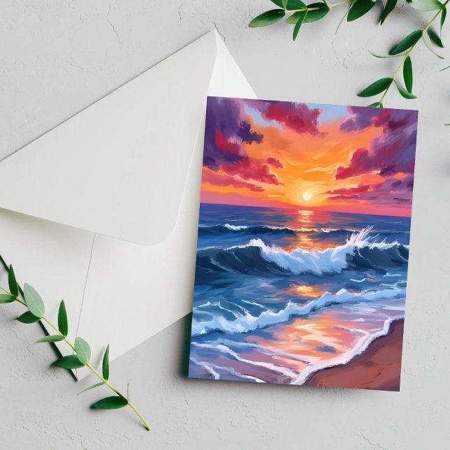 Ocean Sunset Beach Waves Watercolor Card (Creator Uploaded)