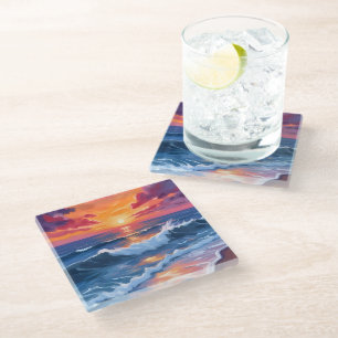 Ocean Sunset Beach Waves Watercolor Card Glass Coaster
