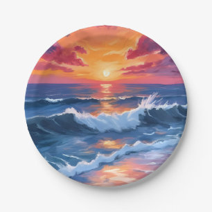 Ocean Sunset Beach Waves Watercolor Card Paper Plates