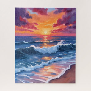 Ocean Sunset Beach Waves Watercolor Jigsaw Puzzle