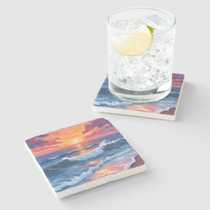 Ocean Sunset Beach Waves Watercolor Stone Coaster