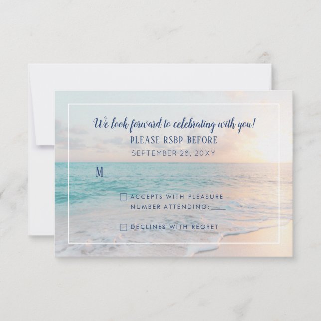 Ocean Sunset Beach Wedding Picture RSVP Card (Front)