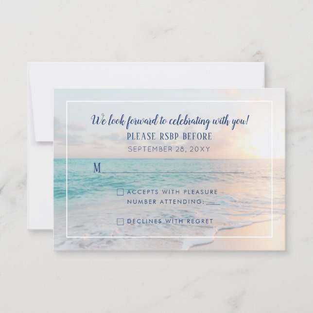 Ocean Sunset Beach Wedding Picture RSVP Card (Front)