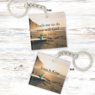 Ocean Sunset Beach with Psalm 143:10 Scripture Keychain