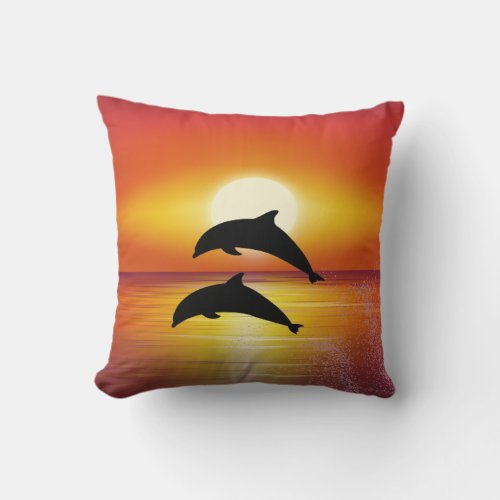 Ocean Sunset Dolphins Couple Playing Love Throw Pillow