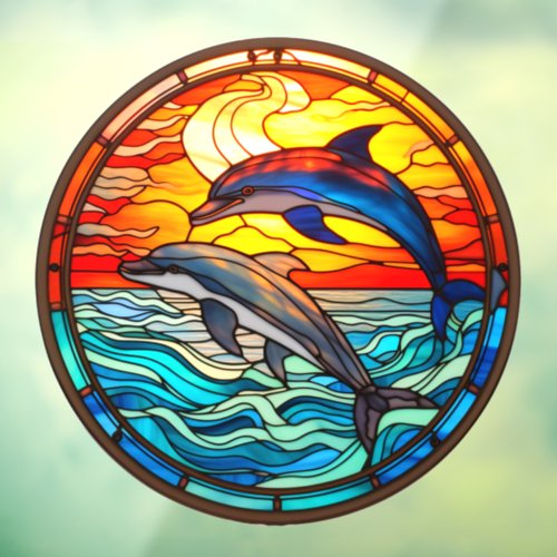 Ocean Sunset Dolphins Jumping Faux Stained Glass Window Cling