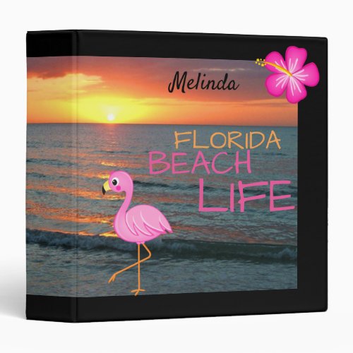 Ocean Sunset Florida Beach Life Pink Flamingo 3 Ring Binder