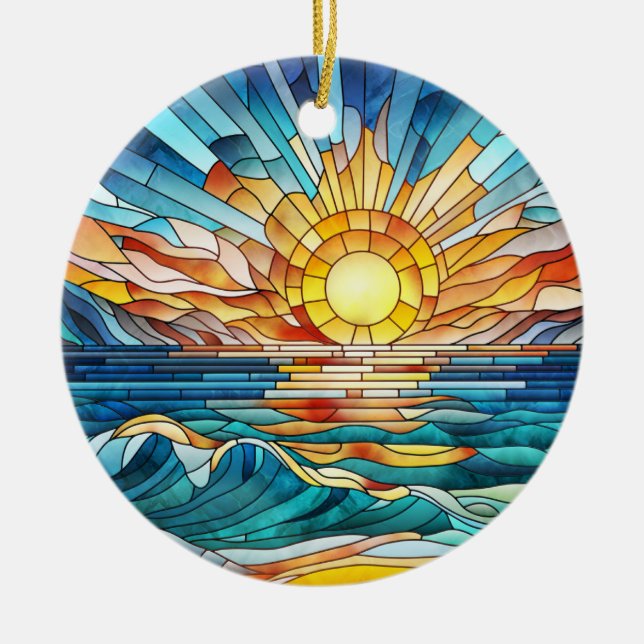 Ocean Sunset mosaic art Ceramic Ornament (Front)