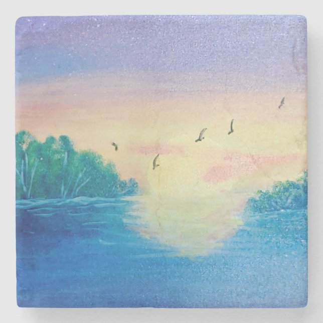 Ocean Sunset Original Oil Painting on a Coaster  (Front)