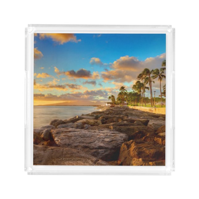 Ocean Sunset Over Rocks And Palm | O'Ahu Acrylic Tray (Front)