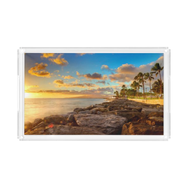 Ocean Sunset Over Rocks And Palm | O'Ahu Acrylic Tray (Front)