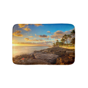 Ocean Sunset Over Rocks And Palm   O'Ahu Bath Mat