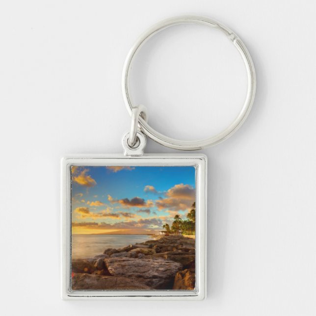 Ocean Sunset Over Rocks And Palm | O'Ahu Keychain (Front)