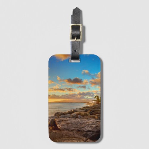 Ocean Sunset Over Rocks And Palm  OAhu Luggage Tag