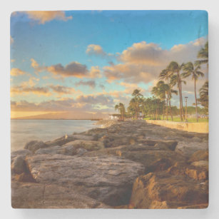Ocean Sunset Over Rocks And Palm   O'Ahu Stone Coaster