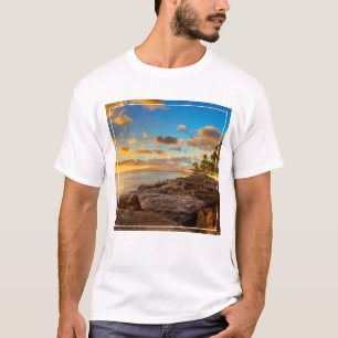 Ocean Sunset Over Rocks And Palm O'Ahu T-Shirt
